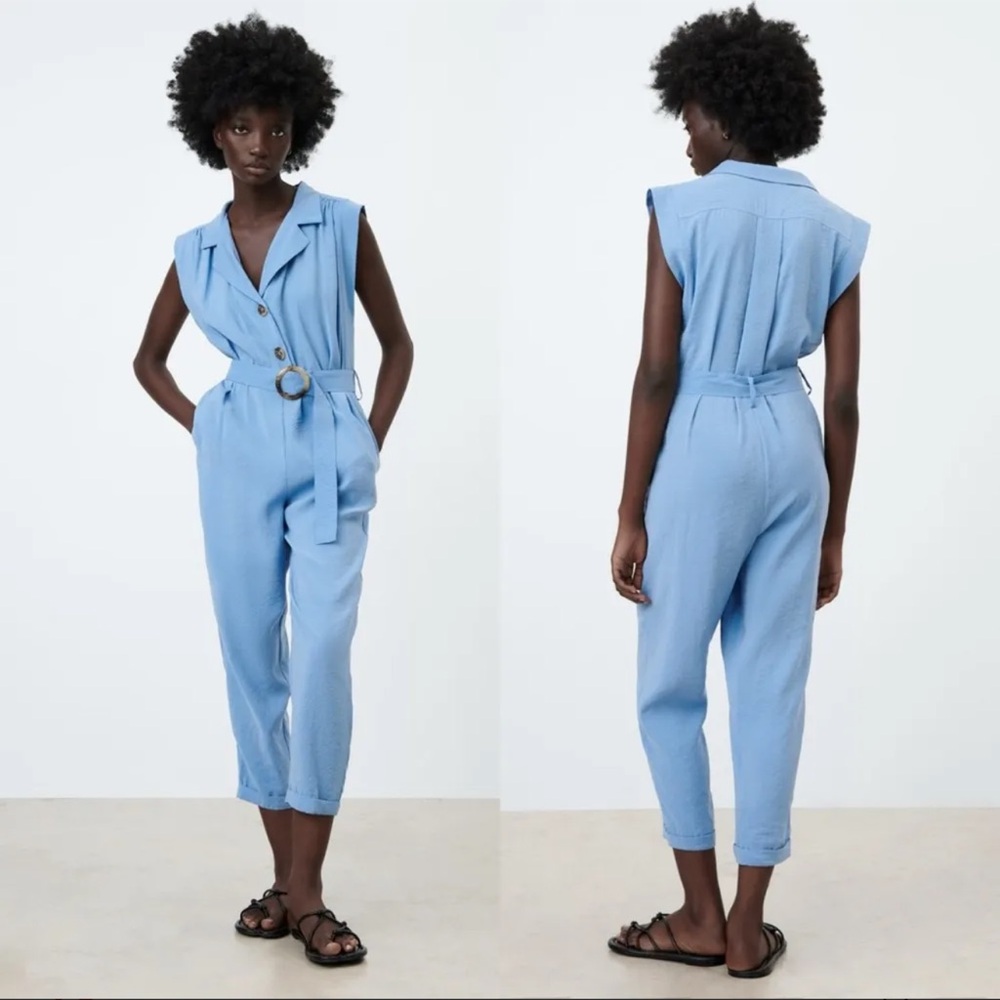 Zara Blue Utility Jumpsuit with Elastic Waist